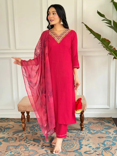 Stunning Red Embroidered Rayon Festival Wear Pant Suit With Dupatta
